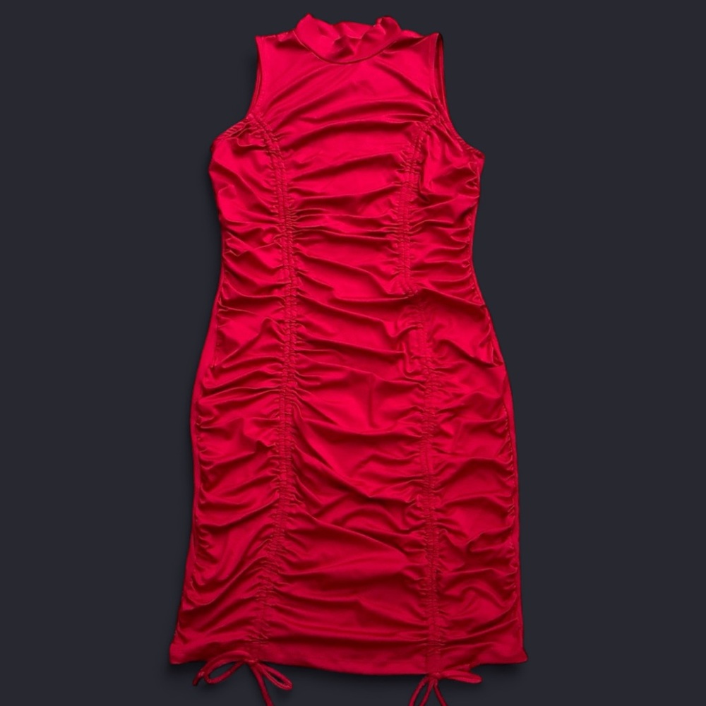 Scarlet Red Ruched Mock Neck Dress
